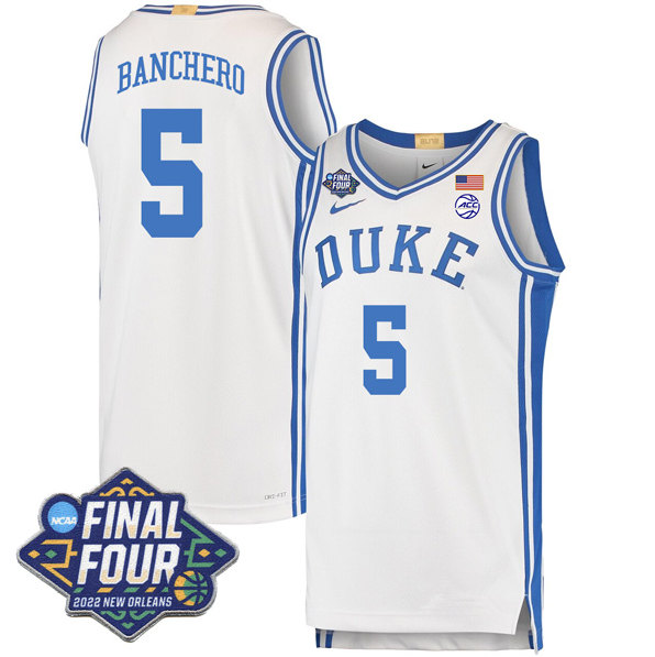 Men's Duke Blue Devils #5 Paolo Banchero 2022 White Final Four Stitched Basketball Jersey Men's Duke Blue Devils #5 Paolo Banchero 2022 White Final Four Stitched Basketball Jersey